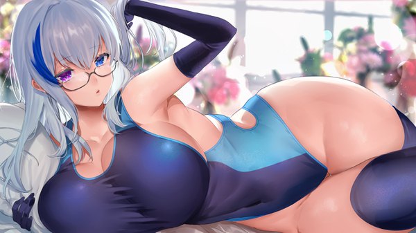 Anime picture 2800x1575 with original mimoza (96mimo414) single long hair looking at viewer fringe highres breasts blue eyes light erotic hair between eyes wide image purple eyes bare shoulders payot cleavage silver hair indoors lying multicolored hair