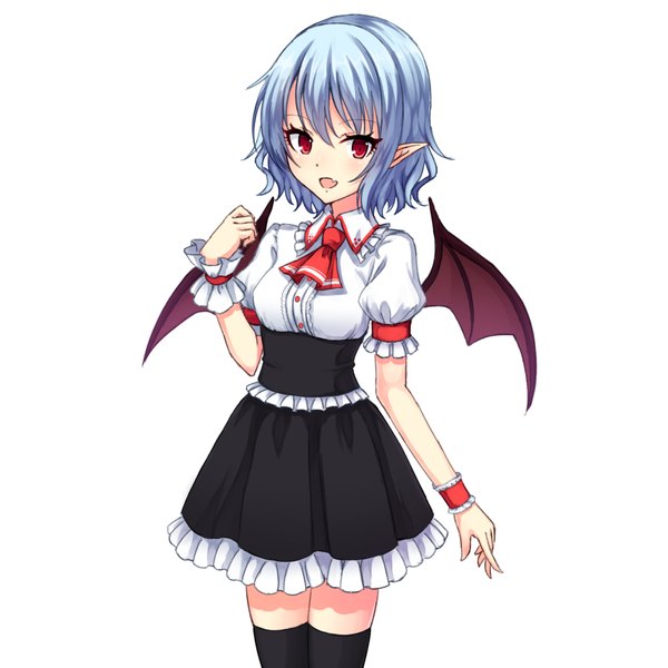 Anime picture 1080x1080 with touhou remilia scarlet junior27016 single looking at viewer breasts open mouth simple background red eyes white background blue hair pointy ears short sleeves fang (fangs) alternate costume zettai ryouiki bat wings frilly skirt underbust no hat