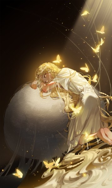 Anime picture 1100x1848 with elden ring miquella (elden ring) mono 0627 single tall image looking at viewer blonde hair yellow eyes braid (braids) very long hair barefoot kneeling light dress boy white dress insect butterfly