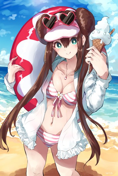 Anime picture 670x1000 with pokemon pokemon black and white nintendo rosa (pokemon) e-co single long hair tall image fringe light erotic hair between eyes brown hair twintails green eyes sky cloud (clouds) outdoors hair bun (hair buns) beach sunglasses on head