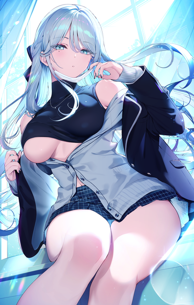 Anime picture 3410x5352 with original kat (bu-kunn) single long hair tall image looking at viewer fringe highres breasts light erotic hair between eyes large breasts sitting absurdres silver hair indoors long sleeves nail polish parted lips arm up