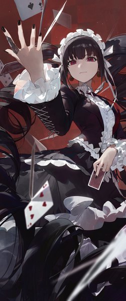 Anime picture 2976x7108 with dangan ronpa celestia ludenberg modare single tall image looking at viewer fringe highres black hair red eyes twintails blunt bangs very long hair nail polish arm up fingernails from below drill hair frilled dress lolita fashion