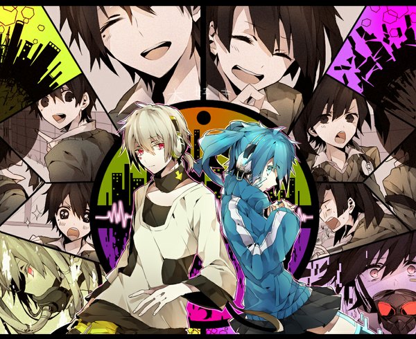 Anime picture 1100x900 with kagerou project ene no dennou kikou (vocaloid) shaft (studio) headphone actor (vocaloid) konoha no sekai jijou (vocaloid) ene (kagerou project) konoha (kagerou project) enomoto takane kokonose haruka wonoco0916 long hair short hair black hair blonde hair smile red eyes twintails looking away profile aqua eyes