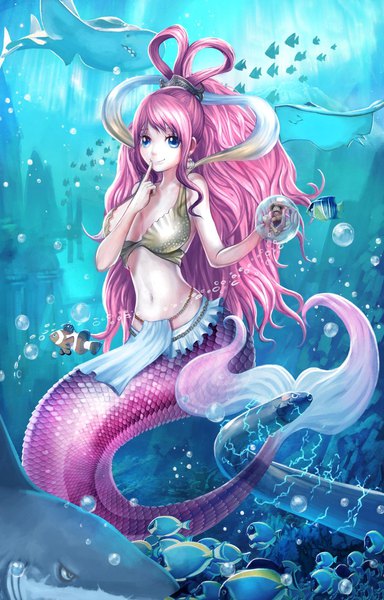 Anime picture 1312x2048 with one piece toei animation monkey d. luffy shirahoshi pu reum lee long hair tall image looking at viewer blue eyes light erotic smile bare shoulders holding pink hair full body bare belly finger to mouth solo focus underwater hair rings