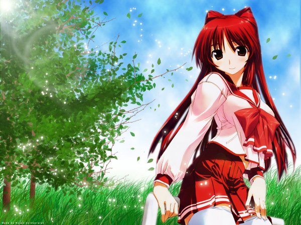 Anime picture 1280x960 with to heart 2 leaf (studio) kousaka tamaki amazuyu tatsuki single long hair looking at viewer breasts smile brown eyes red hair third-party edit girl uniform plant (plants) school uniform tree (trees) grass