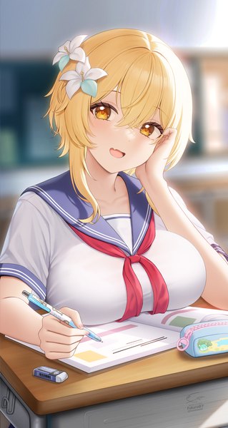 Anime picture 2480x4663 with genshin impact lumine (genshin impact) fukuro ko (greentea) single tall image looking at viewer blush fringe highres breasts open mouth light erotic blonde hair hair between eyes large breasts holding signed yellow eyes upper body indoors