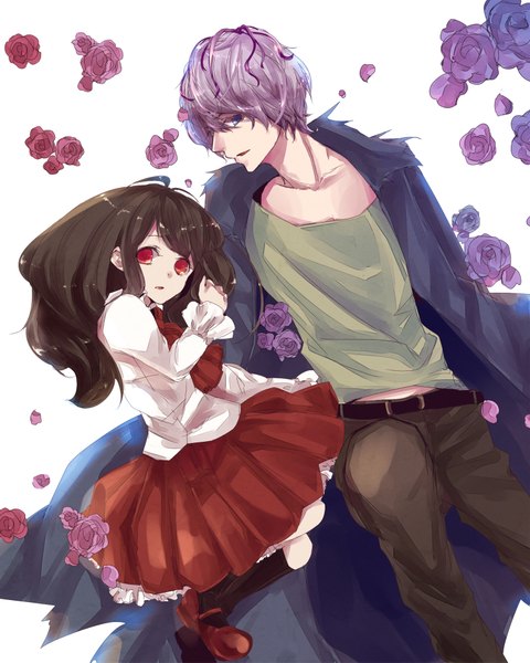 Anime picture 1500x1875 with ib (game) garry (ib) ib (ib) long hair tall image fringe short hair open mouth blue eyes black hair simple background red eyes white background purple hair hair over one eye couple girl boy flower (flowers) petals