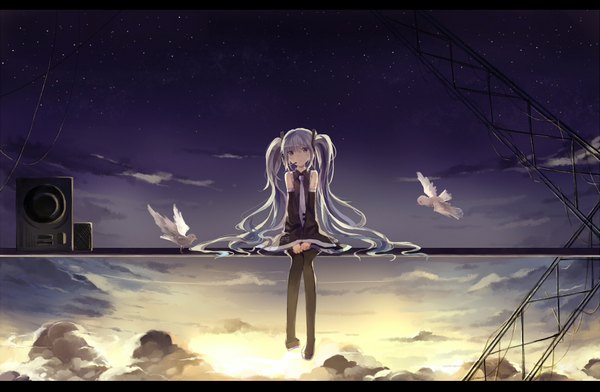Anime picture 1827x1195 with vocaloid hatsune miku rain (raindsan) single long hair looking at viewer blush fringe highres blue eyes sitting twintails bare shoulders payot blue hair cloud (clouds) bent knee (knees) long sleeves head tilt sunlight