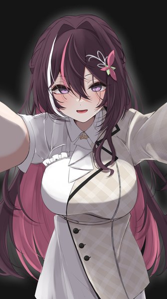 Anime picture 2290x4096 with virtual youtuber hololive azki (hololive) azki (4th costume) (hololive) nerorigogo single tall image looking at viewer fringe highres breasts open mouth hair between eyes brown hair large breasts purple eyes pink hair multicolored hair light smile streaked hair