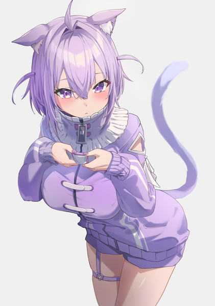 Anime picture 1616x2305 with virtual youtuber hololive nekomata okayu nekomata okayu (membership) nekomata okayu (7th costume) reulem single tall image blush fringe short hair simple background hair between eyes purple eyes animal ears looking away purple hair tail nail polish animal tail