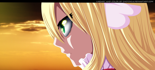 Anime picture 4512x2052 with fairy tail mavis vermillion tongasart gaston18 single long hair highres blonde hair wide image green eyes absurdres sky cloud (clouds) profile coloring close-up face girl