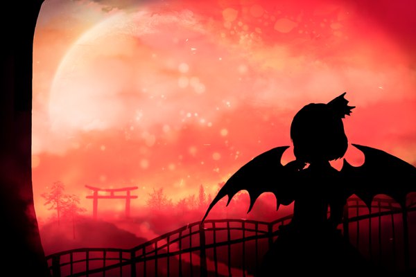 Anime picture 1500x1000 with touhou remilia scarlet akyuun single short hair looking away cloud (clouds) from behind night sparkle evening bat wings silhouette red moon girl plant (plants) hat wings tree (trees) moon