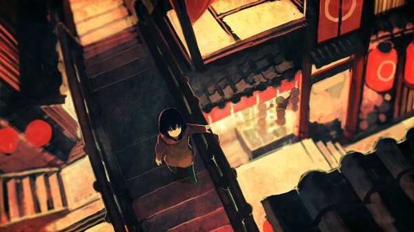 Anime picture 840x473 with original kitsune (kazenouta) single short hair black hair wide image looking away from above black eyes walking girl hood building (buildings) hoodie bridge roof