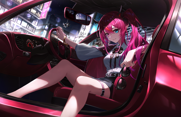 Anime picture 1800x1168 with virtual youtuber hololive hololive english irys (hololive) star-ring single long hair fringe highres hair between eyes sitting pink hair horn (horns) pointy ears heterochromia city side ponytail sunglasses removed car interior girl