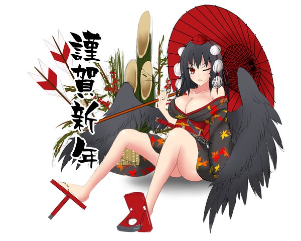 Anime picture 2000x1600 with touhou gmot single long hair highres breasts light erotic black hair simple background red eyes large breasts white background traditional clothes japanese clothes one eye closed wink new year nengajou girl hat