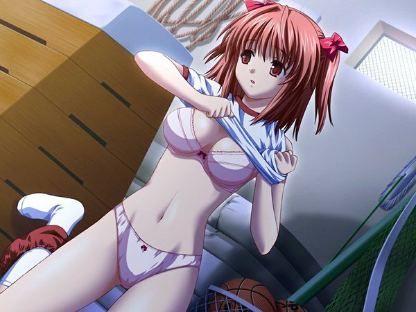 Anime picture 1024x768 with raspberry makino konoha nekonyan single short hair light erotic red eyes brown hair game cg girl underwear panties
