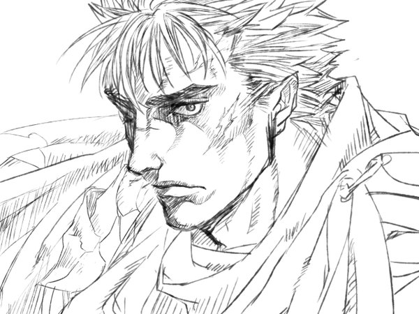 Anime picture 1280x960 with berserk guts short hair simple background white background monochrome drawing boy