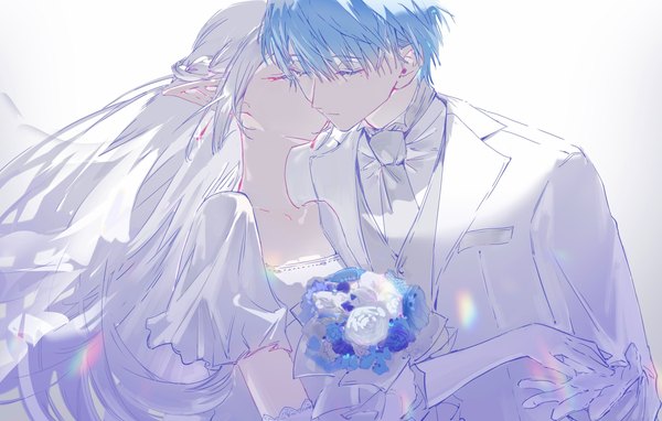 Anime picture 3898x2480 with sousou no frieren frieren himmel (sousou no frieren) byuey long hair fringe highres short hair simple background hair between eyes white background blue hair absurdres silver hair eyes closed pointy ears elf kiss wedding cheek kiss