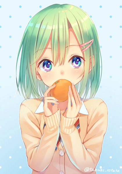 Anime picture 630x900 with original takeda emi shirai tanuki single tall image looking at viewer blush fringe short hair blue eyes simple background hair between eyes holding signed fingernails green hair twitter username covered mouth polka dot multicolored eyes