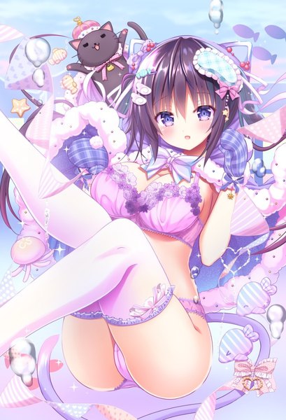 Anime picture 851x1249 with original shiwasu horio single long hair tall image looking at viewer blush fringe breasts open mouth light erotic black hair smile hair between eyes large breasts sitting purple eyes twintails holding animal ears