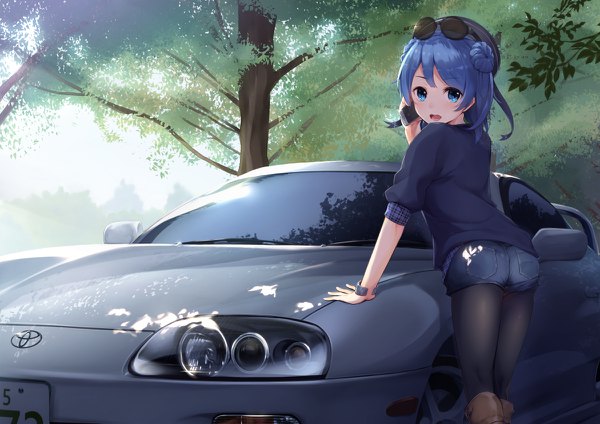 Anime picture 1200x848 with kantai collection toyota urakaze destroyer gedou (shigure seishin) single looking at viewer blush short hair open mouth blue eyes smile blue hair looking back arm support hair bun (hair buns) sunglasses on head goggles on head girl plant (plants) pantyhose
