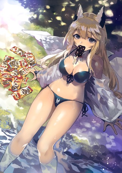 Anime picture 777x1100 with original dekappara futoriusu single long hair tall image looking at viewer breasts light erotic blonde hair large breasts holding animal ears from above black eyes mouth hold girl swimsuit bikini water food