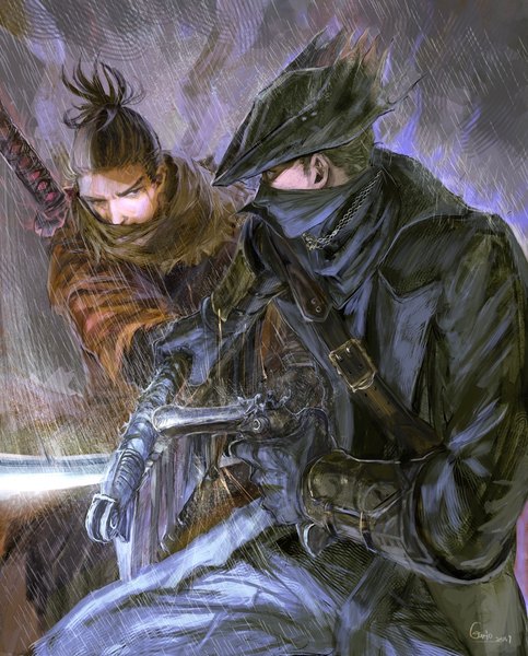 Anime picture 1100x1367 with bloodborne sekiro: shadows die twice from software sekiro hunter (bloodborne) guri otoko tall image short hair black hair brown eyes signed outdoors ponytail realistic multiple boys dated rain eye contact boy gloves