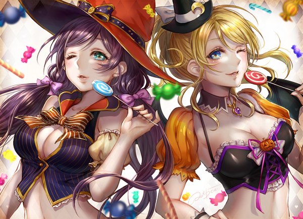 Anime picture 1380x1000 with love live! school idol project sunrise (studio) love live! toujou nozomi ayase eli ao+beni long hair looking at viewer blue eyes light erotic blonde hair smile multiple girls cleavage purple hair ponytail one eye closed wink halloween witch