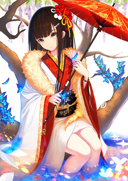 Anime picture 707x1000 with original nooko single long hair tall image looking at viewer fringe smile brown hair sitting holding bent knee (knees) blunt bangs traditional clothes head tilt japanese clothes wide sleeves grey eyes fur trim soaking feet