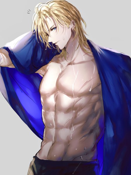 Anime picture 1446x1931 with fire emblem fire emblem: three houses nintendo dimitri alexandre blaiddyd 3h aria single tall image looking at viewer fringe short hair blue eyes light erotic blonde hair hair between eyes upper body arm up wet arm behind head muscle abs