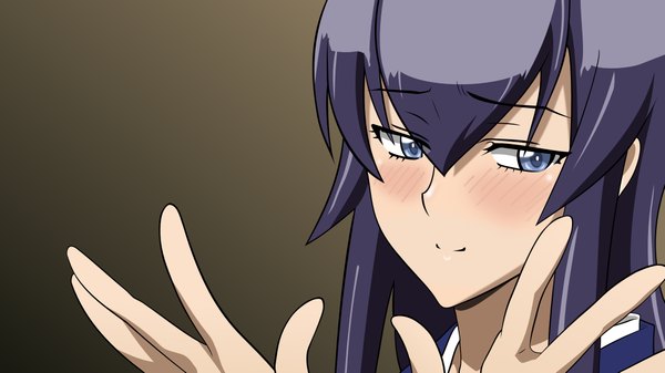 イラスト 2157x1213 と 学園黙示録 マッドハウス busujima saeko 長髪 赤面 highres 青い目 simple background wide image purple hair vector 女の子