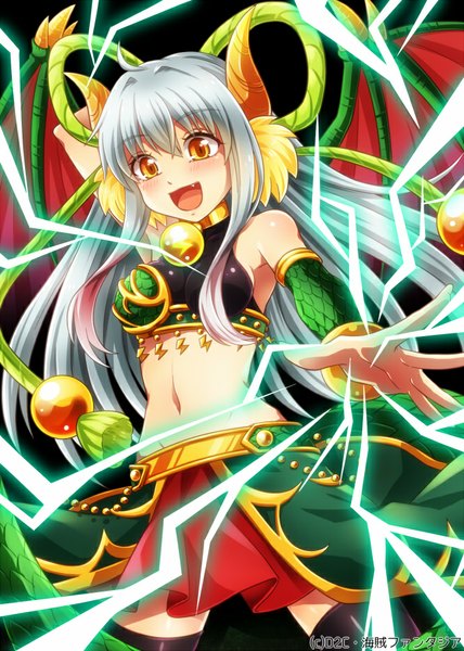 Anime picture 666x933 with pirate maidens (game) shock dragon corona natsuki yuka single long hair tall image open mouth smile yellow eyes silver hair :d horn (horns) midriff magic demon wings girl thighhighs skirt navel black thighhighs