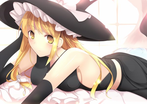 Anime picture 1300x919 with touhou kirisame marisa daiaru single long hair looking at viewer blush blonde hair bare shoulders yellow eyes girl dress gloves elbow gloves witch hat