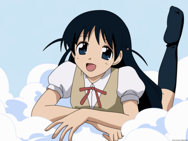 Anime picture 1600x1200 with school rumble tsukamoto tenma single long hair looking at viewer fringe open mouth blue eyes black hair sky cloud (clouds) lying short sleeves two side up happy blue background on stomach leg lift (legs lift) vector girl