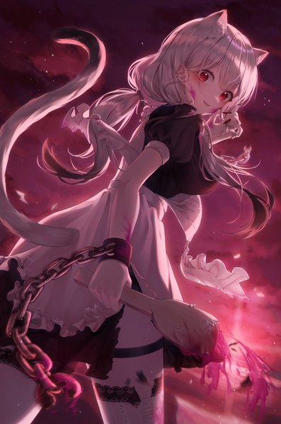 Anime picture 2869x4339 with original soo ou single long hair tall image looking at viewer fringe highres breasts open mouth smile red eyes large breasts standing twintails holding animal ears sky silver hair cloud (clouds)