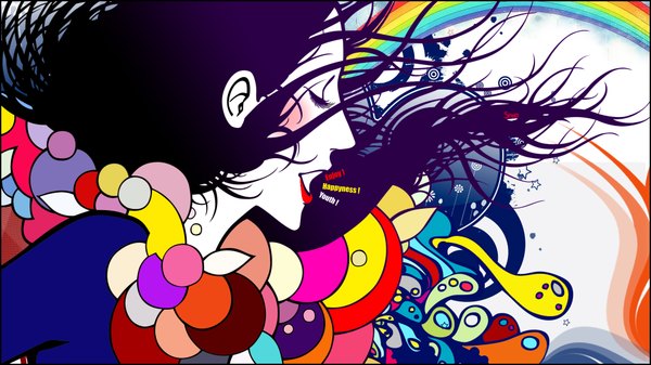 Anime picture 1920x1080 with snyp (r0pyns) long hair highres black hair wide image eyes closed lips pale skin abstract girl rainbow