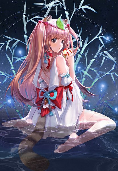 Anime picture 700x1011 with original ezu (leejiyu) single long hair tall image looking at viewer blush open mouth brown hair twintails bare shoulders holding brown eyes animal ears pink hair tail long sleeves animal tail looking back multicolored hair