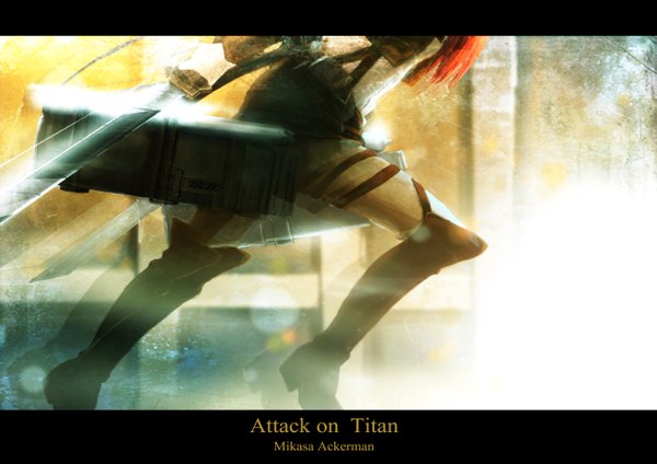 Anime picture 4961x3508 with shingeki no kyojin production i.g mikasa ackerman gan ma single highres wide image standing holding absurdres bent knee (knees) sunlight open clothes open jacket close-up dual wielding running girl weapon sword