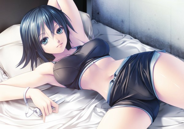 Anime picture 1000x700 with original rezi single looking at viewer short hair breasts blue eyes light erotic black hair girl navel shorts bed