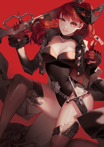 Anime picture 846x1200 with persona 5 persona persona 5 the royal yoshizawa kasumi shei99 single long hair tall image looking at viewer fringe breasts light erotic simple background hair between eyes red eyes holding cleavage bent knee (knees) ponytail red hair