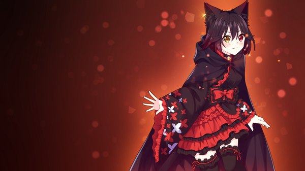 Anime picture 1920x1080 with original yamida yokai (alphablob) kitsuneco alphablob single looking at viewer blush fringe highres short hair black hair smile hair between eyes red eyes wide image animal ears yellow eyes traditional clothes japanese clothes multicolored hair