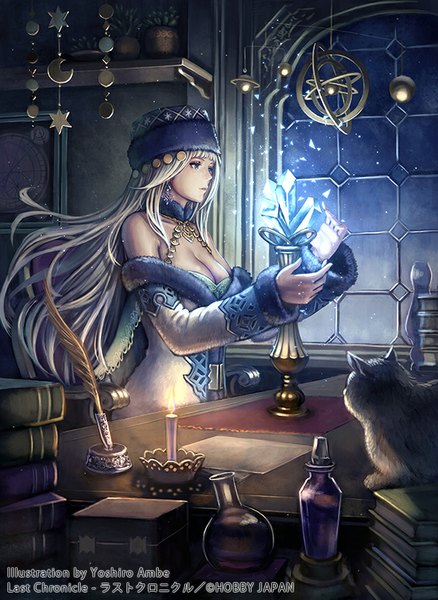 Anime picture 585x800 with original anbe yoshirou single long hair tall image looking at viewer blue eyes white hair girl dress detached sleeves animal book (books) cat cap crystal candle (candles)