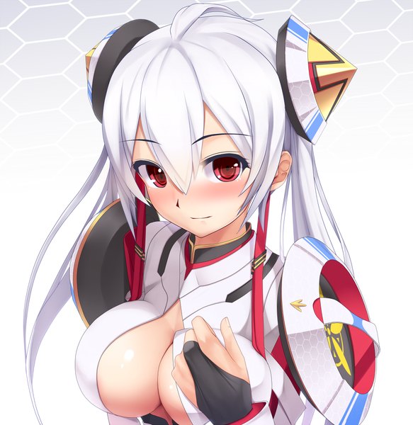 Anime picture 971x1000 with phantasy star sega matoi (pso2) eto single long hair tall image looking at viewer blush breasts light erotic red eyes cleavage white hair girl hair ornament