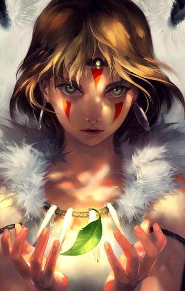 Anime picture 1163x1822 with mononoke hime studio ghibli san yuumei single tall image looking at viewer short hair brown hair green eyes parted lips fingernails lips realistic magic serious girl earrings fur leaf (leaves)