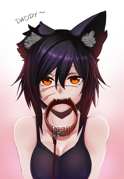 Anime picture 1000x1441 with monster girl encyclopedia cheshire cat (monster girl encyclopedia) less single tall image looking at viewer fringe short hair simple background smile hair between eyes bare shoulders holding animal ears purple hair upper body cat ears cat girl orange eyes fang (fangs)
