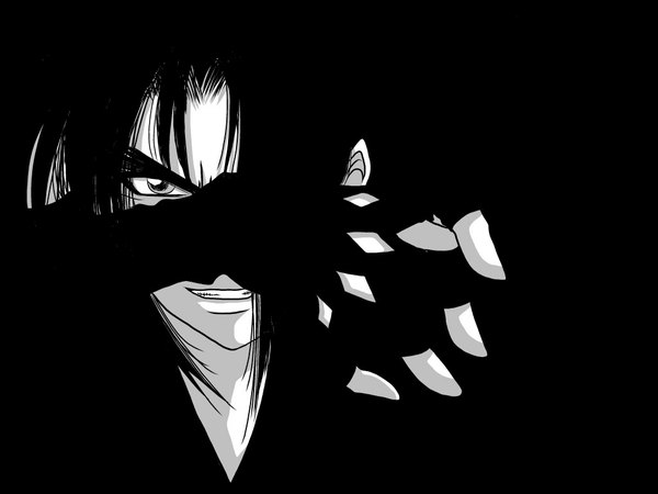 Anime picture 1024x768 with basilisk yashamaru single looking at viewer black hair smile black background monochrome boy fingerless gloves