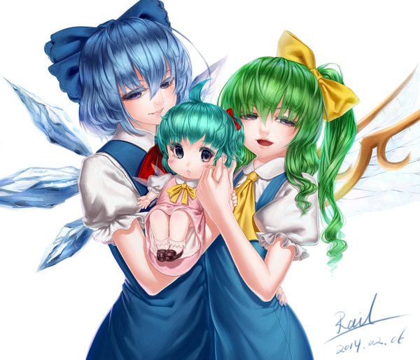 Anime picture 1400x1200 with touhou cirno daiyousei rail (silverbow) short hair open mouth simple background smile white background multiple girls blue hair green hair one side up girl dress bow 2 girls hair bow wings child (children)