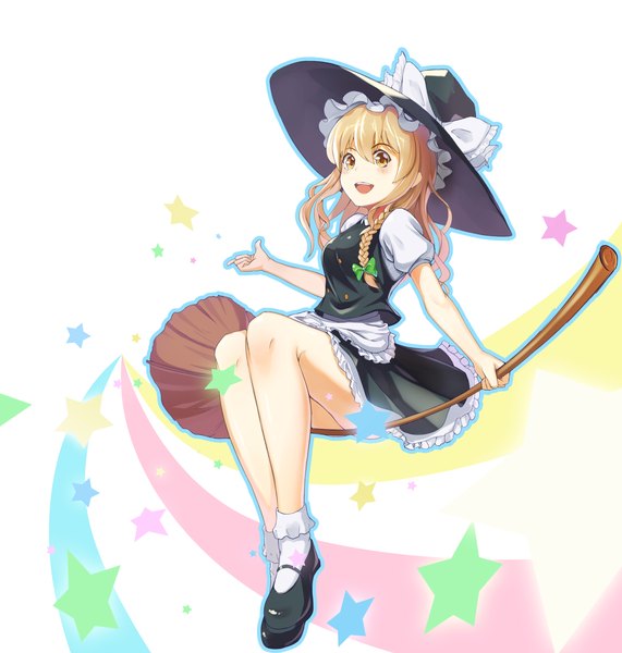 Anime picture 4761x5000 with touhou kirisame marisa dampi single long hair tall image looking at viewer fringe highres open mouth blonde hair smile hair between eyes white background yellow eyes absurdres braid (braids) bare legs short sleeves puffy sleeves