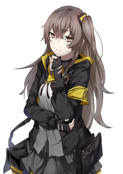 Anime-Bild 3507x4960 mit girls frontline ump45 (girls frontline) inxst single long hair tall image looking at viewer fringe highres simple background smile hair between eyes brown hair white background brown eyes absurdres long sleeves pleated skirt light smile open clothes