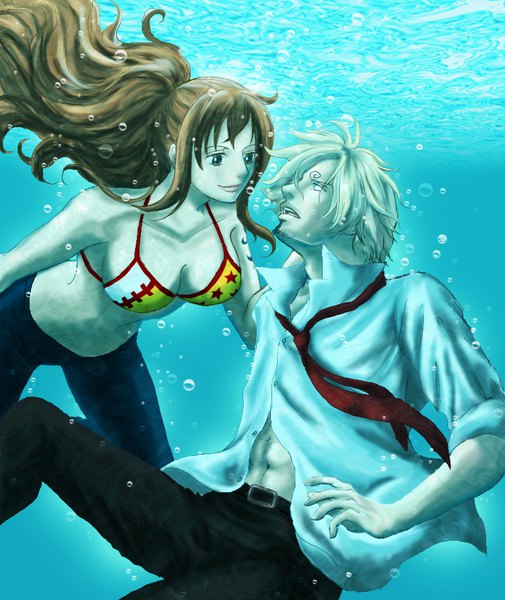 Anime picture 800x950 with one piece toei animation nami (one piece) sanji oregano551 long hair tall image fringe short hair breasts open mouth blue eyes light erotic blonde hair hair between eyes brown hair brown eyes cleavage ponytail profile